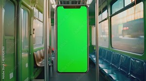 mobile telephone with green screen in tram chroma key smartphone technology cell phone, empty, message, travel, public, white, mockup, social, wireless, mockup, digital