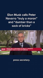 Tesla CEO Elon Musk is sharply escalating his attacks on top Trump trade advisor Peter Navarro as he defends his car company. “Tesla has the most American-made cars. Navarro is dumber than a sack of bricks,” Musk, Trump’s top campaign donor, wrote on X, the social media platform he owns. “Navarro is truly a moron. What he says here is demonstrably false,” Musk wrote in another post. Find more: cnb.cx/3R7jin6 | CNBC