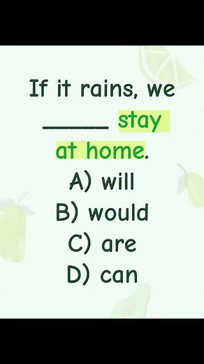 💡 Question: If it rains, we _____ stay at home. A) will B) would C) are D) can Description: This is a first conditional sentence, used for real and possible situations in the future. The structure is: If present simple, will base verb. So, “If it rains, we will stay at home.” means there’s a real chance it might rain. ✅ Correct sentence: If it rains, we will stay at home. Example: If I see him, I will tell him the news. #englishplanet #dailyenglishpractice #englishgrammar #englishquiz #learneng
