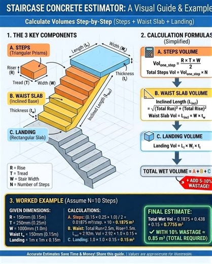 🔥 𝐂𝐈𝐕𝐈𝐋 𝐄𝐍𝐆𝐈𝐍𝐄𝐄𝐑𝐈𝐍𝐆 𝐁𝐀𝐒𝐈𝐂𝐒 | 𝐒𝐓𝐀𝐈𝐑𝐂𝐀𝐒𝐄 𝐂𝐎𝐍𝐂𝐑𝐄𝐓𝐄 𝐂𝐀𝐋𝐂𝐔𝐋𝐀𝐓𝐎𝐑 🏗️🧱 📐 𝐋𝐞𝐚𝐫𝐧 𝐇𝐨𝐰 𝐭𝐨 𝐂𝐚𝐥𝐜𝐮𝐥𝐚𝐭𝐞 𝐒𝐭𝐚𝐢𝐫𝐜𝐚𝐬𝐞 𝐂𝐨𝐧𝐜𝐫𝐞𝐭𝐞 𝐕𝐨𝐥𝐮𝐦𝐞 𝐒𝐭𝐞𝐩-𝐛𝐲-𝐒𝐭𝐞𝐩 This visual guide explains Staircase Concrete Estimation in the simplest & most practical way for: 👷 Civil Engineers | 🧑‍🎓 Students | 🏠 Site Supervisors | 🧱 Contractors --- 🧩 𝐓𝐇𝐄 𝟑 𝐌𝐀𝐈𝐍 𝐂𝐎𝐌𝐏𝐎𝐍𝐄𝐍𝐓𝐒 𝐎𝐅 𝐒𝐓𝐀𝐈𝐑𝐂𝐀𝐒𝐄 🔶 𝐀. 𝐒𝐓𝐄𝐏𝐒 (𝐓𝐫
