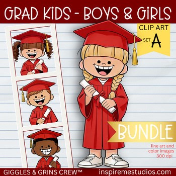 Kindergarten Graduation Kids Clipart BUNDLE — Cap and Gown, Red - Set A