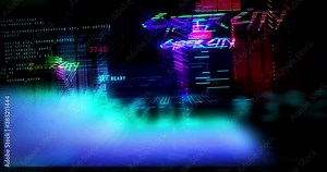 Cyber city futuristic cyberpunk style loop animation. Seamless and loopable flight through the virtual city. Modern abstract 3d rendering intro. Cybernetic town, virtual world by night concept.