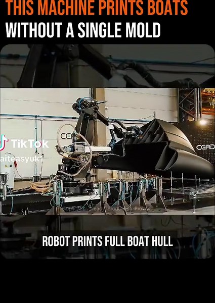 A robotic 3D printer at the Maritime Application Center in Delft just printed a full boat hull without a single mold. ⠀ The CEAD Flexbot lays down glass-fiber-reinforced thermoplastic in one continuous run. ⠀ 50 to 80 hours of autonomous operation and a 6-meter hull is done. ⠀ Traditional boat manufacturing requires custom molds that cost thousands and take weeks to prepare before construction even starts. ⠀ Large format additive manufacturing eliminates that entire step. ⠀ The Faber Navalis sys