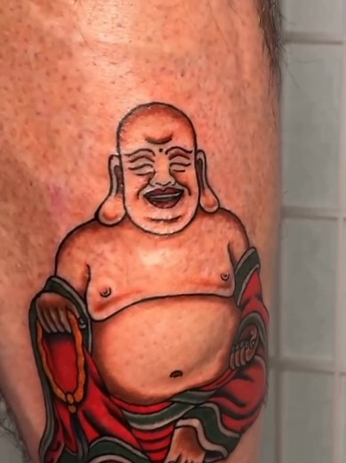 3d laughing Buddha calf tattoo tattoo artist Justinkd tatts #besttattoos #worldsbesttattoos #tattooideas #laughingbuddha #colortattoo