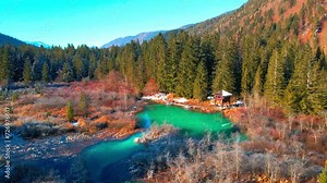 Aerial 4K drone footage of Zelenci Springs. It is a nature reserve near the town of Kranjska Gora, in the far northwestern corner of Slovenia.