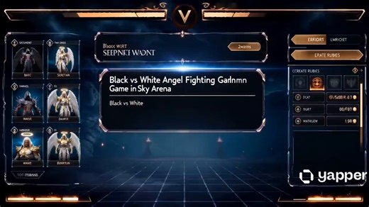 Made with Seedance 2.0 on @yapper_so Prompt:"Ultra-realistic AAA fighting game, Unreal Engine 5 style, real gameplay look (NOT cinematic movie).0–2s: A magical futuristic fantasy game creation interface appears. First-person view. A glowing prompt box where text is being typed: ‘Black vs White Angel Fighting Game in Sky Arena’. UI shows character icons and arena selection. A button ‘CREATE MATCH’ is pressed. Text pops: ‘-1000 RUBIES’. Smooth holographic UI animation.2–3s: Fast transition into ga