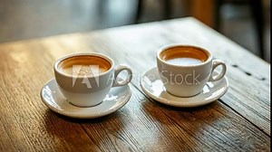 Two cups of coffee sit on a wooden table in a cafe
