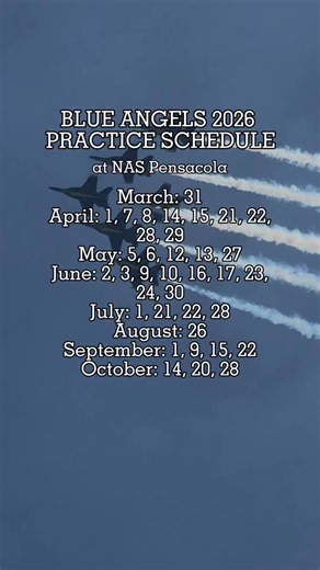 The 2026 Blue Angels Practice Schedule💙💛 Practices are held at NAS Pensacola and are open to the public with free admission. Gates to the flight line viewing area open at 9:30 AM, and the Blues typically take flight at 10:30 AM. Performances last about 55 minutes. Limited chair rentals are available for $6, with concessions and merchandise on site. Save the dates and get ready for that roar overhead. #PensacolaBeach #BlueAngels | Pensacola Beach