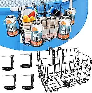 Poolside Storage Basket with 4 Cup Holder, Metal Collapsible Pool Side Basket Multifunctional Swimming Pool Storage Shelf Frame Pool Drink Holder Above Ground Pool Accessories, 13×7.5×9 In, 60Lb Load