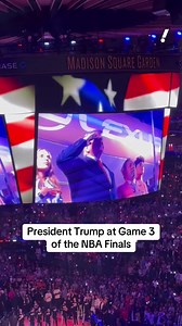 President Donald Trump was shown on the Jumbotron at Madison Square Garden during the national anthem. Trump was alongside Knicks owner James Dolan, who invited him to the game. #knicks #nyknicks #nbafinals #nba2k