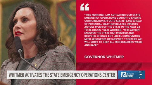 Whitmer activates State Emergency Operations Center ahead of severe weather