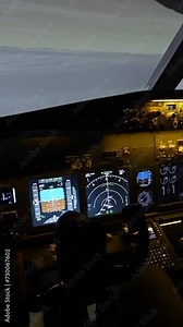 General view of the empty cockpit cockpit. Commercial flight simulator for flight training. Vertical video.