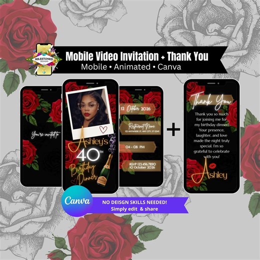 Luxury Editable Video Invitation Canva Template | Mobile Video Invite | Animated Digital Invitation | Birthday Invite | Instant Download - Etsy