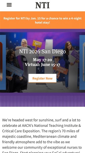 Registration for #NTI2026 in San Diego is now open! Be part of the premier conference for critical and acute care nurses, happening May 17-20 2026: https://aacn.me/4ssmY4b Follow the steps to complete your registration and secure your spot today. #CriticalCareNursing #NursingConference #NTISanDiego | American Association of Critical-Care Nurses