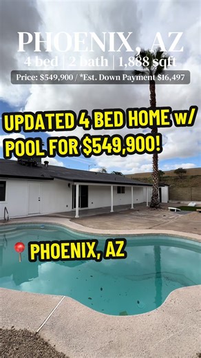Check out this open concept home on a corner lot! It has a large backyard with a covered patio and pool. It’s been fully updated with light wood finishes! Currently priced at $549,900! *est down payment based on 3% down minimum for first time buyers #phoenixrealtor Listed by Real Broker