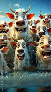 A fun and lively scene featuring a group of animated cartoon goats and cows with expressive faces, set against a bright outdoor backdrop. The goats appear joyful and full of energy