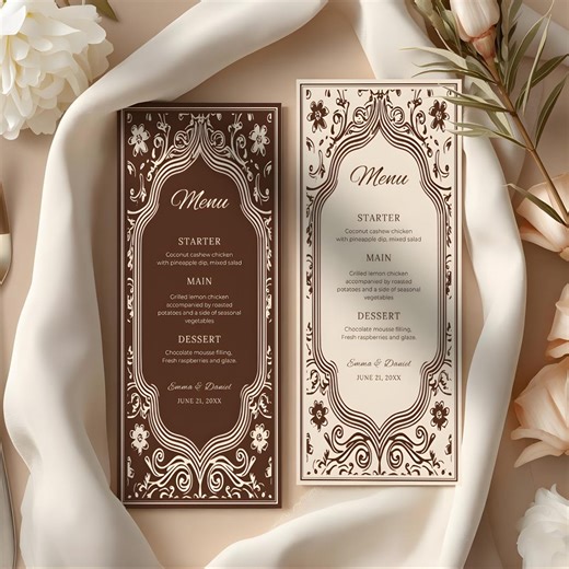 Rustic Brown Menu Template 4x9, Vintage Floral Reception Card, Timeless Elegant Cream Dinner Design, Canva Editable Download - Etsy