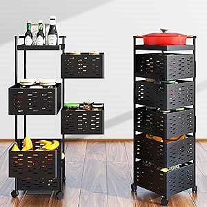 Rotating Storage Rack, 5 Tiered Shelf Organizer, Metal Rolling Cart with Swivel Drawers, Fruit Basket, Kitchen Bathroom Pantry Organization, Vegetable Onion Potato Storage (Black)