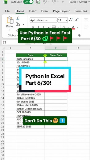 🐍📅 Day 6 of “Use Python in Excel FAST” — FIX MESSY DATES! Use Python’s datetime module inside Excel to clean, convert, and format dates in seconds 🤯 Just run your =PY() code → and boom 💥 Excel instantly transforms inconsistent or messy date formats into clean, usable dates. Perfect for: ✔️ Imported datasets ✔️ Text dates → real dates ✔️ Standardising multiple date formats ✔️ Automated time-based analysis No manual splitting. No Text-to-Columns. Just Python doing the heavy lifting inside Exce