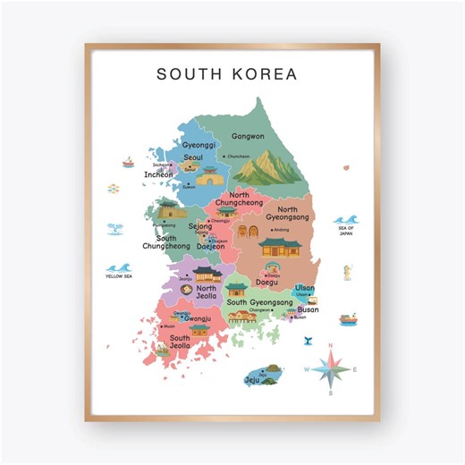 South Korea Map for Kids With Provinces and Major Cities, Illustrated South Korea Geography Map Poster With Landmarks - Etsy