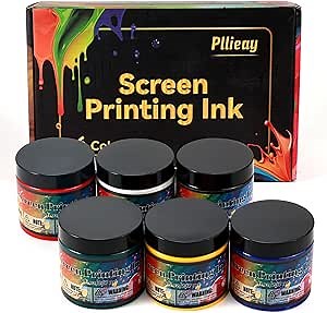 Pllieay Screen Print Ink, 6 Colors 8 Ounce (237ml) Fabric Ink, Fabric Screen Printing Ink for Screen Printing, DIY Fabric, T-Shirts, and Gift Packing