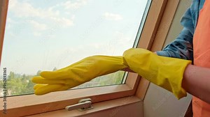 Woman's hands putting on rubber gloves for home cleaning, washing dirty windows. Cleaning services for maintaining a spotless home.