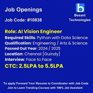 Hiring freshers for AI Vision Engineer roles in Chennai (Guindy) with skills in Python and Data Science, offering a CTC of ₹2.5 to 5.5 LPA. Open to 2024/2025 graduates from BE/BTech, BSc, BCA, MCA backgrounds (CS, IT, EEE, ECE, AI&DS). This opening is through Besant technologies's tie up company, Join for Best Python and Data Science Training in Chennai with real-time projects and placement support. #PythonJobs #DataScienceFreshers #AICareers #ChennaiITJobs #FreshersHiring #besanttechnologies #b