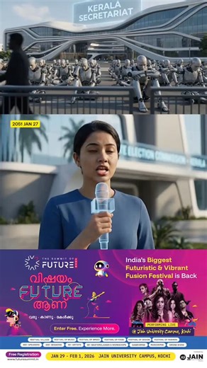 Neelakkuyil Entertainments on Instagram: "റോബോട്ടുകൾക്കു വോട്ട് ഇല്ല.സമരത്തിന് ഇറങ്ങി റോബോട്ട് യൂണിയൻ! ഭാവിയെ കാണാൻ തയ്യാറാകൂ! ജെയിൻ യൂണിവേഴ്സിറ്റി സംഘടിപ്പിക്കുന്ന Summit of the Future പരിപാടിയുടെ ഭാഗമായി അവതരിപ്പിക്കുന്ന ഒരു സങ്കൽപ്പിത വാർത്ത. The Summit of Future 2026 Jan 29 - Feb 1 2026 Jain University, Kochi 4 Days | 2,00,000+ Attendees 400+ Expert Speakers | 200+ Sessions → 50+ Workshops & Masterclasses 50+ Artists Highlights: Festival of Music | Festival of Speed Roboverse Drone Show Fest