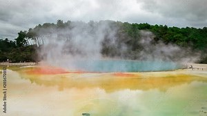 Time Lapse Thermal Lake, Champagne Pool at Wai-O-Tapu near Rotorua, New Zealand from Wide Angle