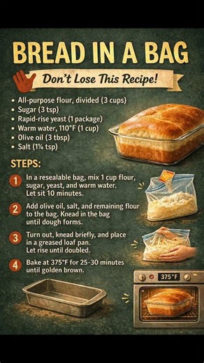 BANANA BREAD (IN A BAG!) 🍌✨ Fast, easy & no mixing bowl needed! INGREDIENTS • 2–3 ripe mashed bananas • 1/2 cup sugar • 1/4 cup oil • 1 cup all-purpose flour (maida) • 1/2 tsp baking soda • Pinch of salt • Optional: 1/4 cup walnuts STEPS 1️⃣ COMBINE In a resealable bag, add mashed bananas, sugar, oil, baking soda & salt. Knead in the bag for 2–3 minutes. 2️⃣ MIX Add flour walnuts (optional). Knead in the bag until smooth batter forms. 3️⃣ POUR Pour into a greased loaf pan. 4️⃣ BAKE Bake at 350°