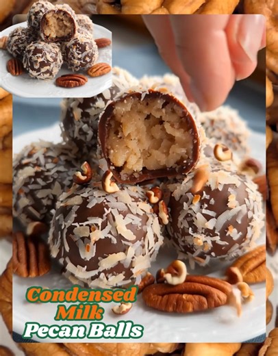 Condensed Milk Pecan Balls Ingredients: 1 cup pecan halves (plus chopped pecans for garnish) 14 ounces sweetened condensed milk 1½ tablespoons all-purpose flour ½ teaspoon pure vanilla extract 2 cups dark chocolate candy melts Directions: Add the pecan halves to a food processor. Pulse a few times, then grind on low speed until the mixture reaches a sandy, coarse texture. This should yield about ¾ cup of ground pecans. In a 2 to 3-quart saucepan over medium heat, whisk together the sweetened con