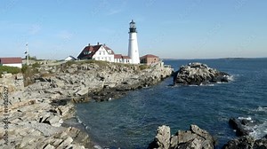 a wide view of portland head light on an autumn morning in maine, usa