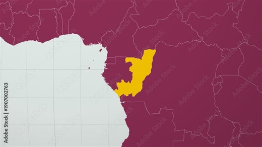 Republic of the Congo map. Animated zoom into the country on the Globe in Pale Mint Dark Pink color palette. Country logo animation with round text and airplanes. Map with meridians, parallels.