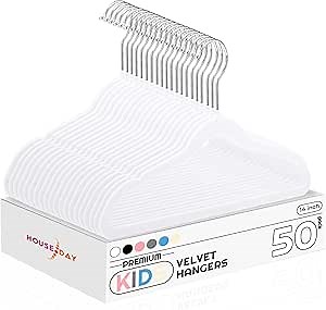 HOUSE DAY 14 Inch Kids Velvet Hangers 50 Pack, Durable Big Kid Hanger White | Children Hangers for Youth, Teen, Non Slip Kids Felt Hanger, Cute Small Hanger for Closet, Ideal for Everyday Use
