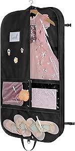 Univivi Black Dance Costume Bags Garment Bag 40 Inch for Dance Competitions, 3 Medium Clear Zipper Pockets and 2 Back Zippered Pocket, with 1 xPendant, 3 x Badge