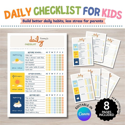 Kids Routine Chart Printable, Daily Checklist for Kids, Morning Routine, Editable Chore Chart, School Schedule Plan, Instant Download - Etsy