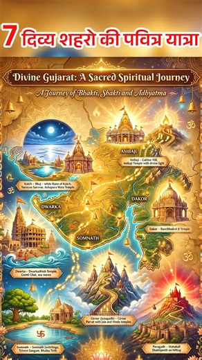 Gujarat State Tour ✨ This spiritual journey through Gujarat begins at Ambaji, where the divine energy of the hills refreshes your soul, before heading to Kutch to visit the holy Narayan Sarovar and Ashapura Mata Temple. The pilgrimage continues to the golden city of Dwarka and the sacred Nageshwar Jyotirlinga, followed by a visit to Somnath to witness the holy Triveni Sangam and Bhalka Tirth. The path then leads you to the ancient temples of Girnar in Junagadh and the beautiful shrine of Lord Ra