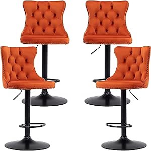 Orange Velvet Bar Stools Set of 4 - Adjustable Swivel Counter Height Chairs with Tufted Back and Nailhead Trim for Kitchen Island (Orange, Matte Metal, 4 Pcs)