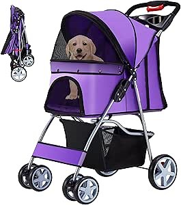 Pet Stroller, 4 Wheels Pet Strolling Cart for Medium/Small Dogs and Cats, Foldable Cat Jogger/Dog Stroller with Cup Holder, Storage Basket, Breathable Mesh, All-Season Pet Carrier, Purple