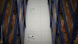 Animation With Warehouse Drone Scanning Qr Codes On The Cardboard Boxes In A Metal Shelf. Fully Automatic Unmanned System Of Cargo Distribution. Computer Coordinated Efficient Logistic Process