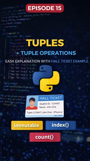 Sai Prakash | Content Creator on Instagram: "👉 Episode 15 | TUPLES in Python 🔐 List laage multiple values ni store chestayi, kani create chesaka change cheyyalem ❌ — ade TUPLE. Hall-ticket example tho fixed data enduku tuple lo store cheyyalo easy ga explain chesa 🎫 👉 Safe data 👉 No accidental changes 👉 Beginner-friendly concept Perfect for BTech students & Python starters 💻 Concept ardam ayyinda? Comments lo cheppandi 👇 Follow for next episodes 🙌 #python #coding #reels #btech #codingin