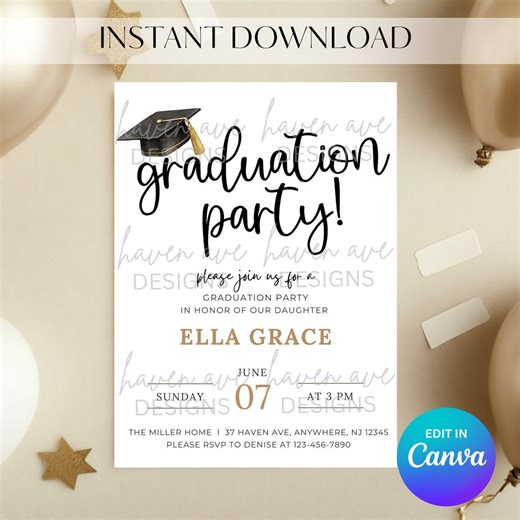 Simple Editable Graduation Invitation | Canva Template for Grad Party Invite (digital Download) - Etsy