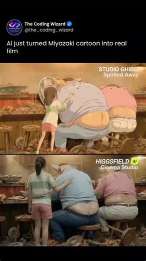 The Coding Wizard | Web Development & AI | 1M🎯 on Instagram: "AI live action film just got real 🎥 @higgsfield.ai Cinema Studio just reimagined “Spirited Away” as a live-action scene using AI. No actors, no sets, just one animated frame turned into a full movie. How long before studios start doing this for real?"