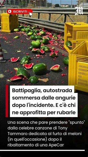 Autostrada sommersa dalle angurie dopo l'incidente. E c'è chi ne approfitta per rubarle