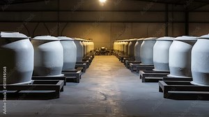 Large concrete culverts drying inside a spacious factory, sunlight shining through the open door at the end of the building