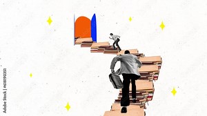 Stop motion, 2D animation with business men running upstairs made of books. Concept of education, self-development, personal growth, goal achievement.