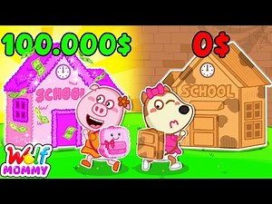 CARDBOARD SCHOOL VS EXPENSIVE SCHOOL! Which One Will Little Wolf Choose? | Mommy Wolf Kids Cartoon