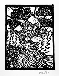 Hand-pulled Linocut Print | Mountain Landscape With Flowers, River, and Trees | Original Block Print | Nature Wall Art - Etsy