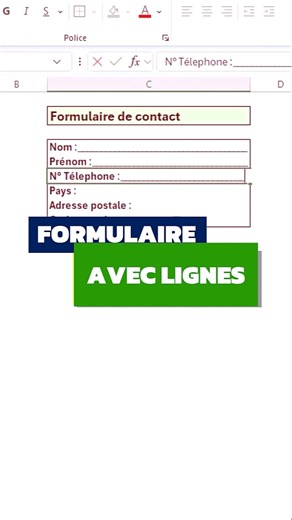 📝 Tu veux créer des lignes automatiques après ton texte dans Excel ? 💡 Mes Tutos Excel te montrent une astuce parfaite pour un formulaire de contact propre et pro 😍 🧩 Principe Tu tapes “Nom”, “Prénom”, “Email”… ➡️ et Excel ajoute une ligne automatiquement jusqu’au bout de la cellule ✨ 🛠️ Étapes : ➡️ Sélectionne les cellules de ton formulaire ➡️ Clic droit → Format de cellule ➡️ Onglet Personnalisée ➡️ Dans Type, saisis : @*_ 🎯 Résultat : Un rendu “formulaire à remplir” ultra clean 📄 Parfa