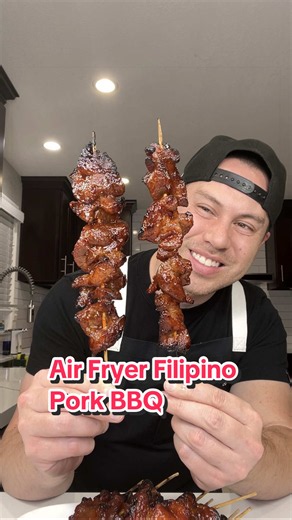 Let’s make Filipino Pork BBQ in the air fryer! 🇵🇭🙌🏼 Ingredients: 3 lb pork butt or pork shoulder Bamboo Skewers Marinade: 1/2 cup banana ketchup 1 cup lemon lime soda 1 cup soy sauce 1/4 cup oyster sauce 1 cup brown sugar 1/4 cup garlic minced (or 1/2 cup if you’d like 😍) 2 teaspoons ground pepper Basting Sauce: 1/4 cup of banana ketchup 1/4 cup of oyster sauce 1 1/2 tablespoon of sesame oil (optional, but I love this flavor!) Recipe: 1. Mince the garlic and cut the pork into chunks or stri